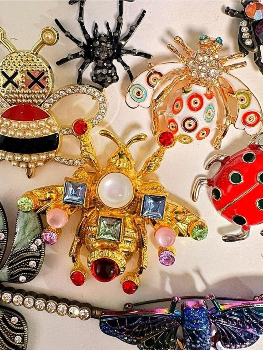 Set of 8 Vintage inspired insect enamel and rhinestone bug brooches